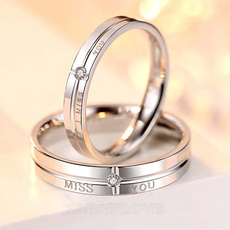 Tu me manques anneaux de couple en argent sterling avec diamant rond