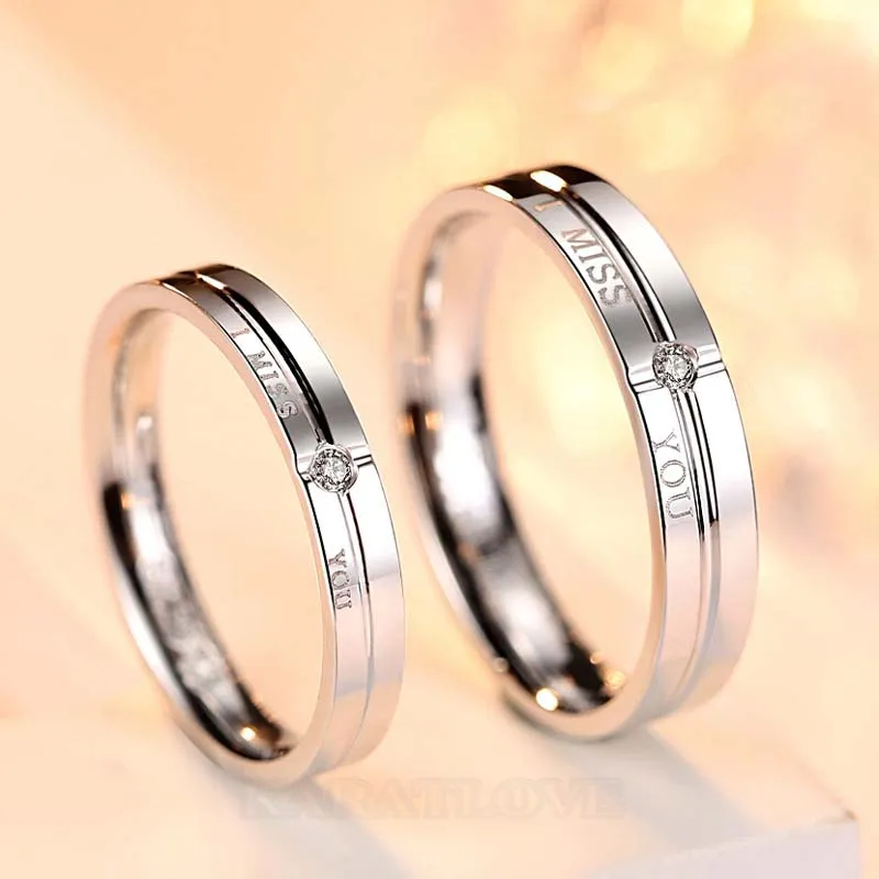 Tu me manques anneaux de couple en argent sterling avec diamant rond