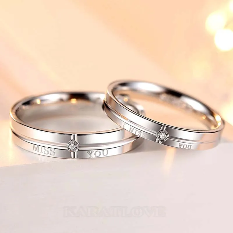 Tu me manques anneaux de couple en argent sterling avec diamant rond