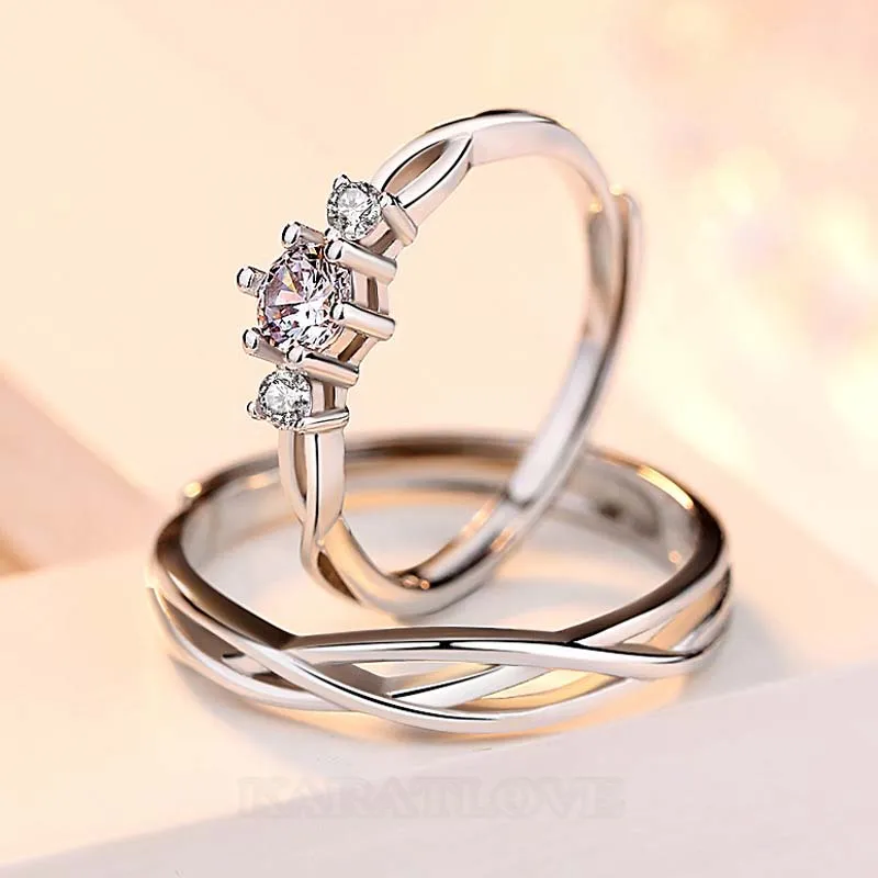 Anneaux de couple infinity en argent sterling avec diamant rond et blanc