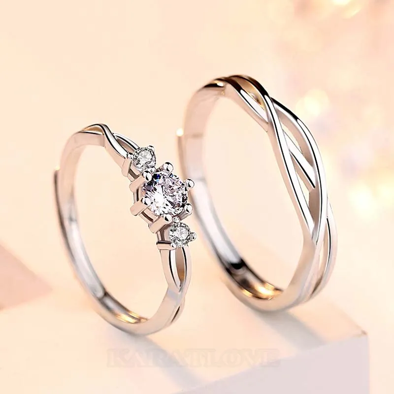 Anneaux de couple infinity en argent sterling avec diamant rond et blanc