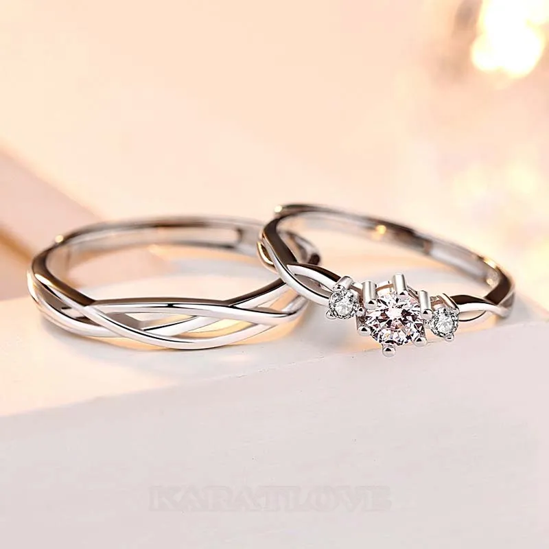 Anneaux de couple infinity en argent sterling avec diamant rond et blanc