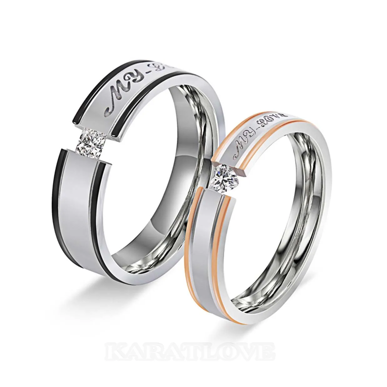 Bagues de couple en titane blanc avec diamant princesse my love heart