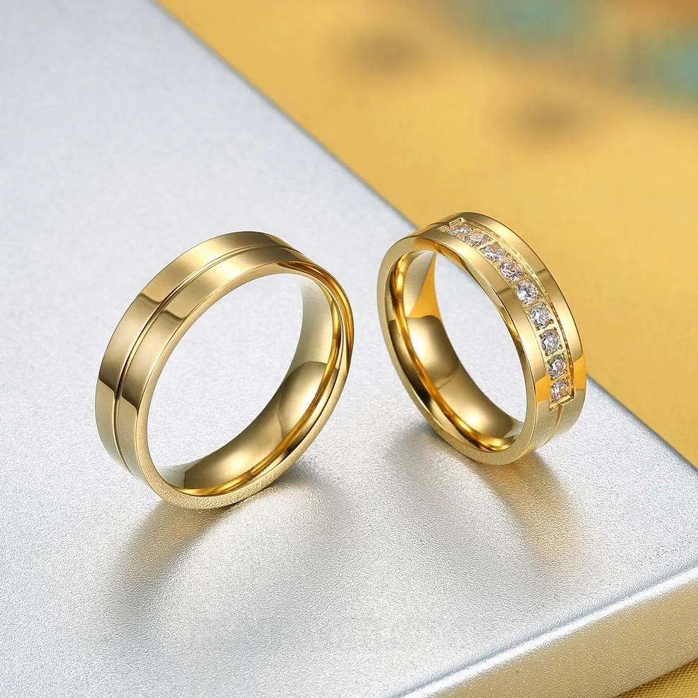Bagues de couple en titane or jaune diamant rond