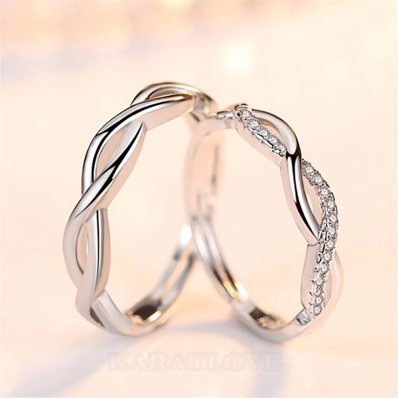 Anneaux de couple infinity en argent sterling, diamant rond et blanc