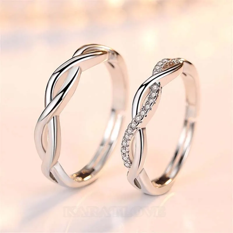 Anneaux de couple infinity en argent sterling, diamant rond et blanc