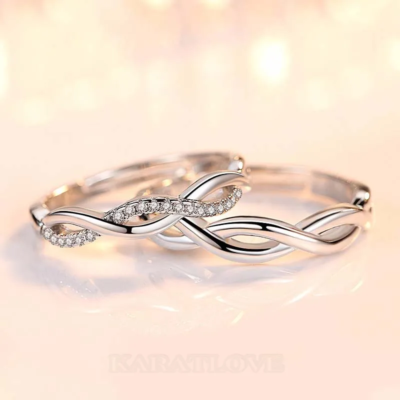 Anneaux de couple infinity en argent sterling, diamant rond et blanc
