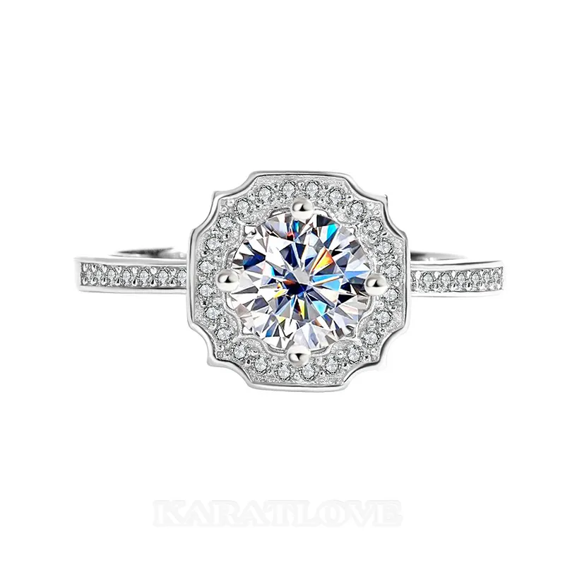 Bague de fiançailles halo en argent sterling 925 avec diamant de moissanite de taille ronde