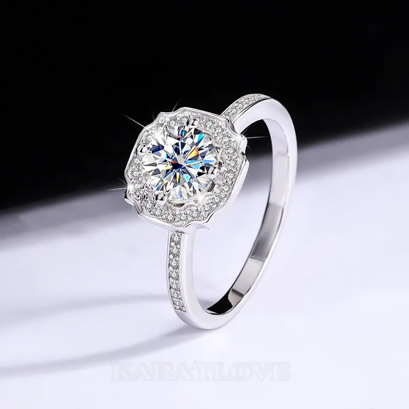 Bague de fiançailles halo en argent sterling 925 avec diamant de moissanite de taille ronde