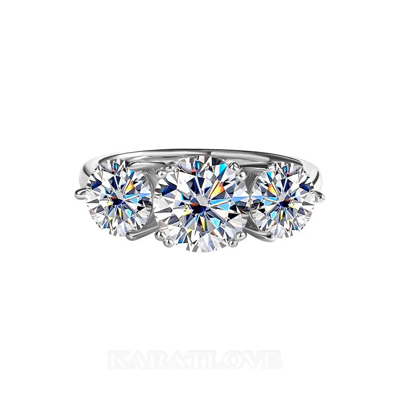 Bague de fiançailles 3 pierres en argent sterling 925 et diamant moissanite de taille ronde