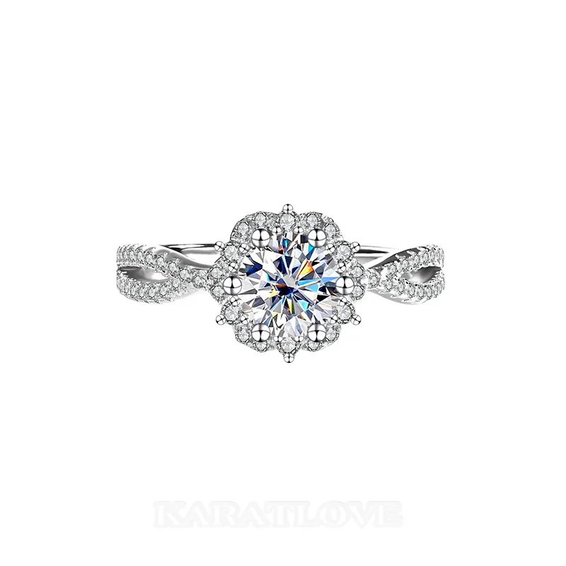 Bague de fiançailles halo en argent sterling 925 et diamant moissanite de taille ronde