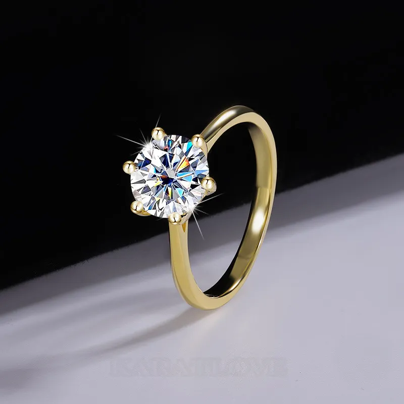 Bague de fiançailles solitaire en argent sterling 925 et or jaune blanc avec diamant de moissanite de taille ronde