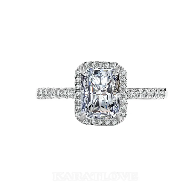Radiant cut moissanite diamond white sterling silver halo engagement ring