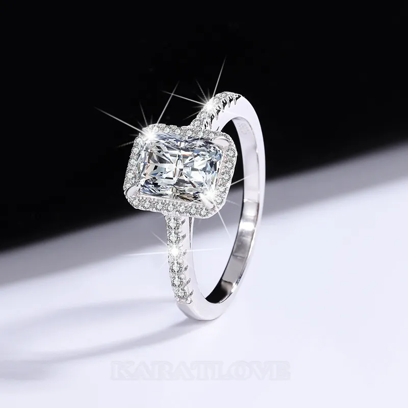 Radiant cut moissanite diamond white sterling silver halo engagement ring