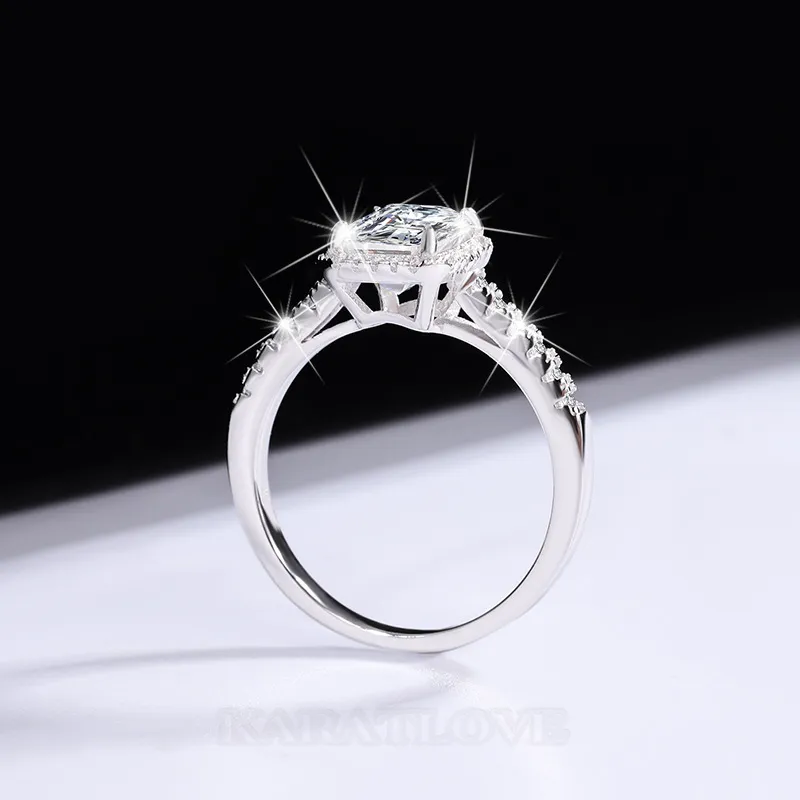 Radiant cut moissanite diamond white sterling silver halo engagement ring