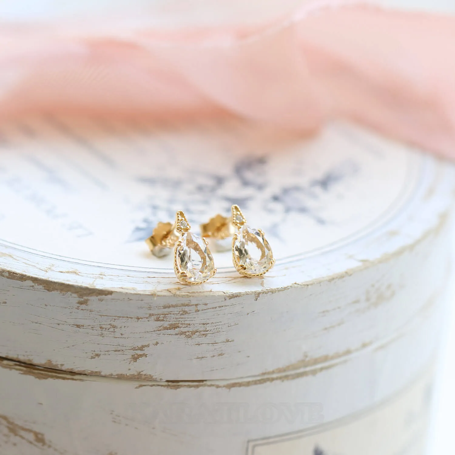 Boucles d'oreilles poire en argent sterling 925 avec quartz et or jaune