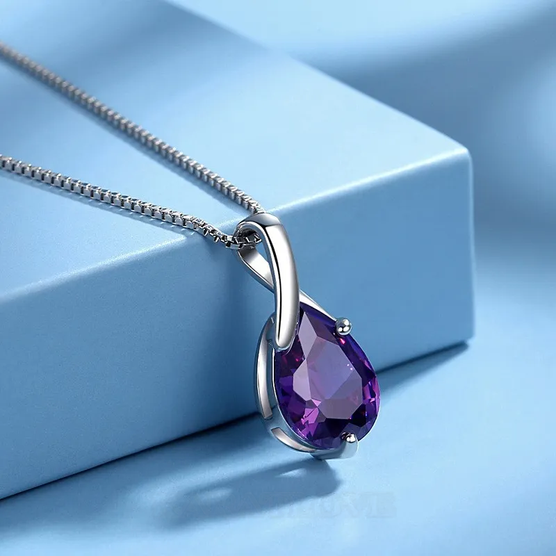 Collier de 16" en argent 925 avec améthyste violette taillée en poire