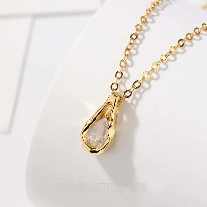 Collier 16" en argent sterling 925 et or jaune avec diamant en forme de poire