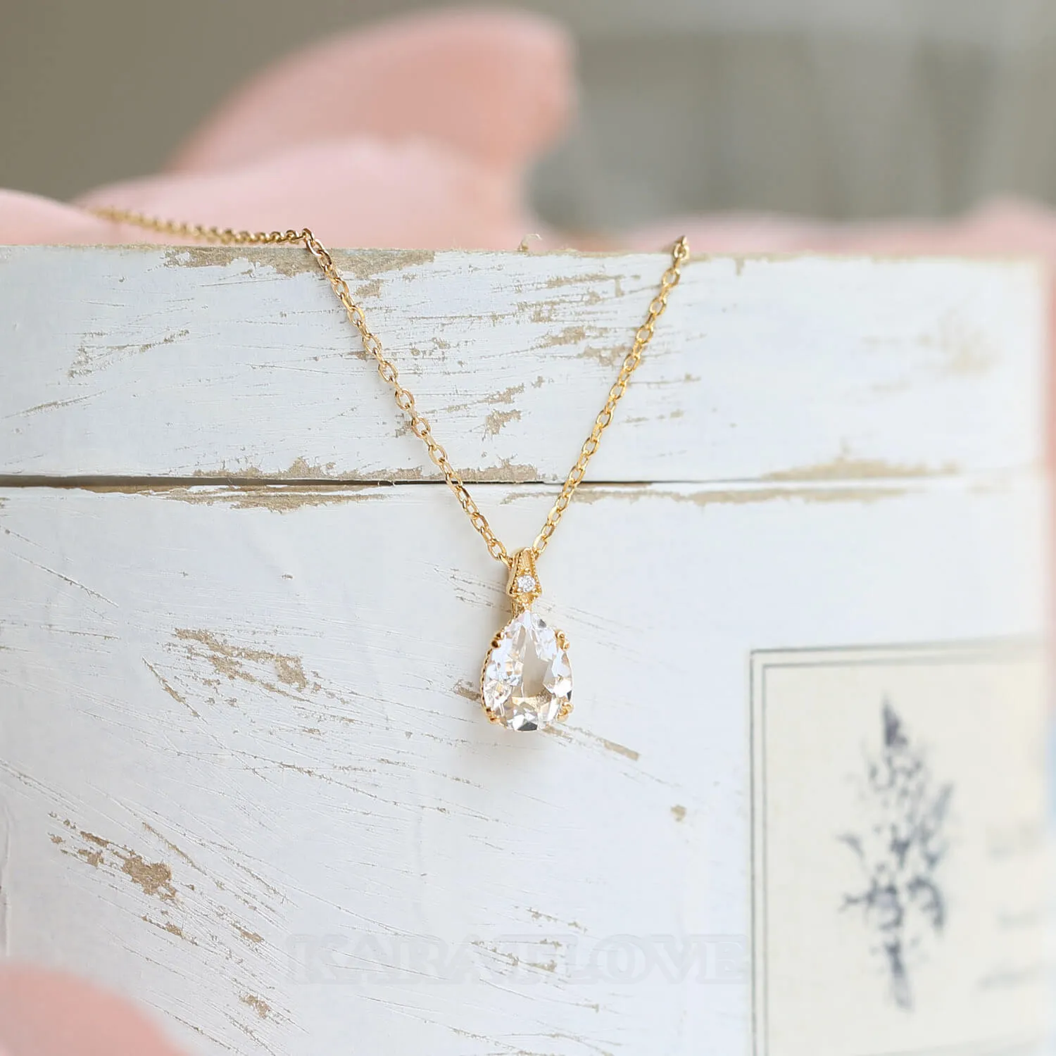 Collier poire en argent sterling 925 avec quartz de cristal et or jaune 15,4 pouces