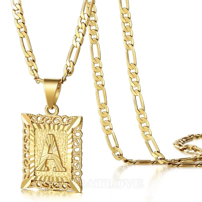 Lettre initiale a-z collier pendentif à chaîne figaro plaqué or 18k de 20 pouces
