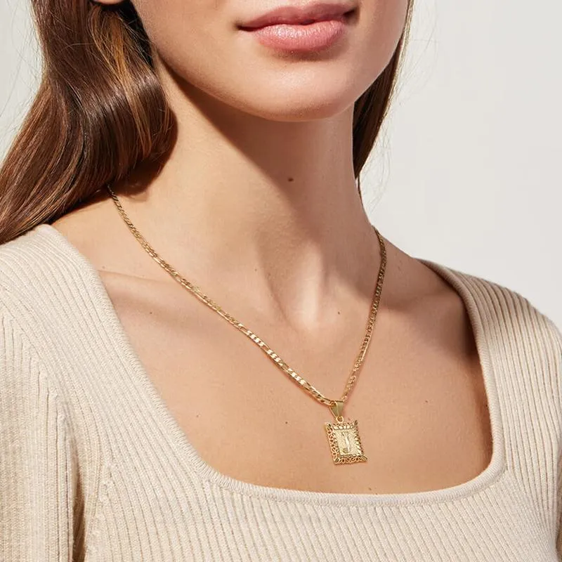 Lettre initiale a-z collier pendentif à chaîne figaro plaqué or 18k de 20 pouces