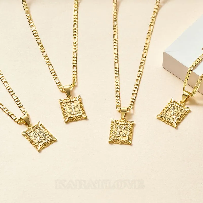 Lettre initiale a-z collier pendentif à chaîne figaro plaqué or 18k de 20 pouces