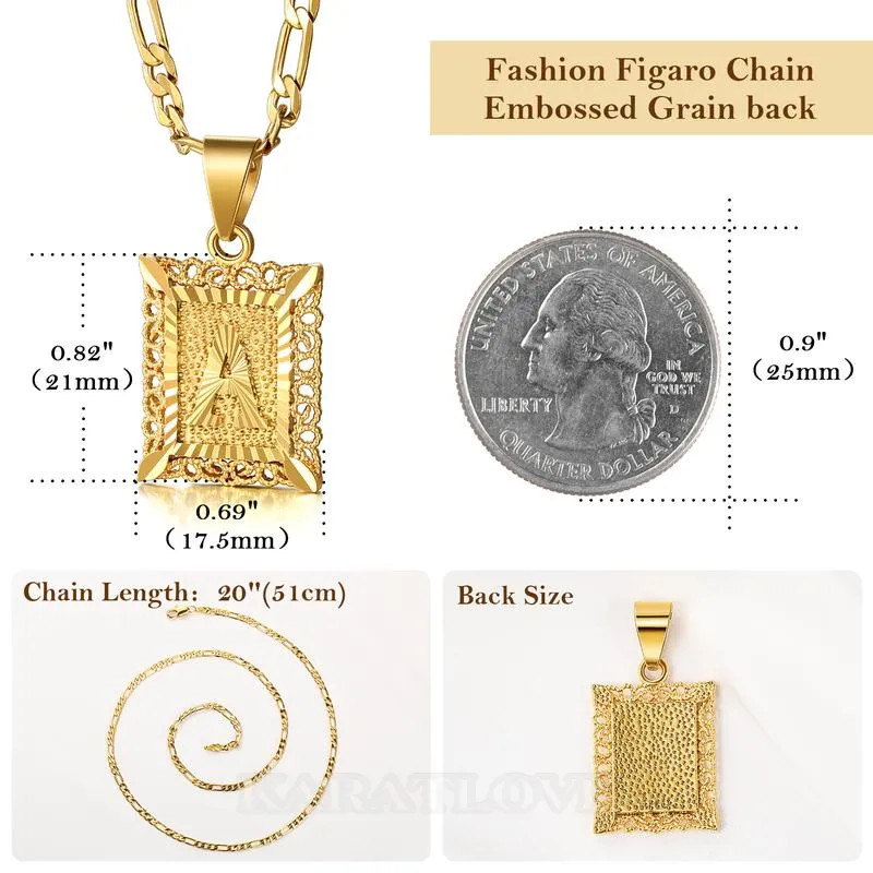 Lettre initiale a-z collier pendentif à chaîne figaro plaqué or 18k de 20 pouces