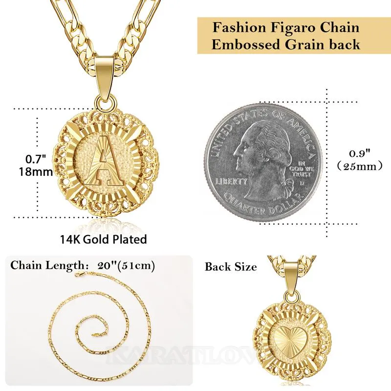 Lettre initiale a-z collier pendentif plaqué or 14k de 20 pouces
