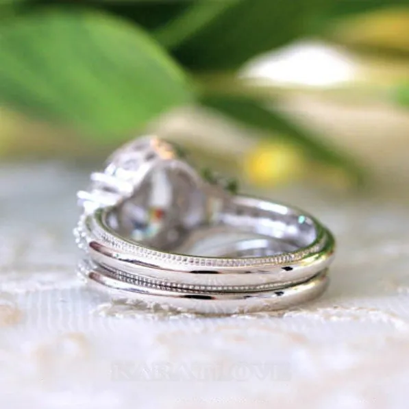 Ensemble de bague de mariage en argent sterling avec halo et diamant blanc ovale vintage