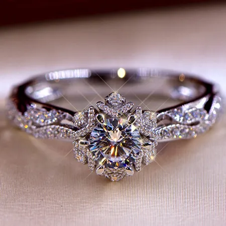 Bague de fiançailles art deco halo en argent 925 avec diamant rond et blanc