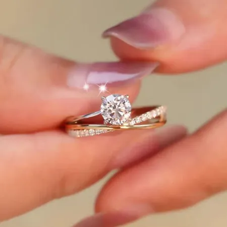 Bague de fiançailles en or jaune blanc et diamant rond en argent 925
