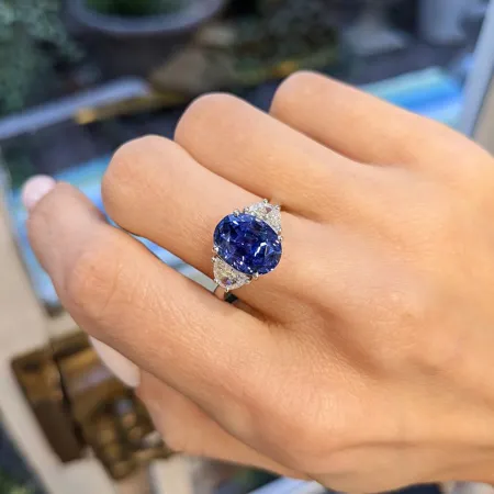 Bague de fiançailles en argent 925 à 3 pierres saphir bleu ovale