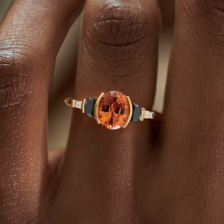 Bague de fiançailles 3 pierres en argent sterling et or jaune 925 avec saphir orange de taille ovale