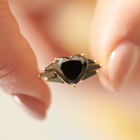 Bague de fiançailles art déco en argent sterling et or jaune 925 avec diamant fantaisie noir taillé en cœur