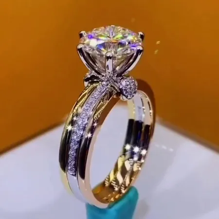 Bague de fiançailles en or jaune art déco avec diamant rond en argent sterling 925 blanc