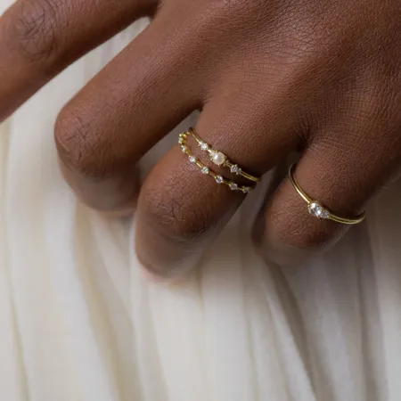 Bague minimaliste empilable 3 pièces en argent sterling 925 et or jaune avec perle ronde