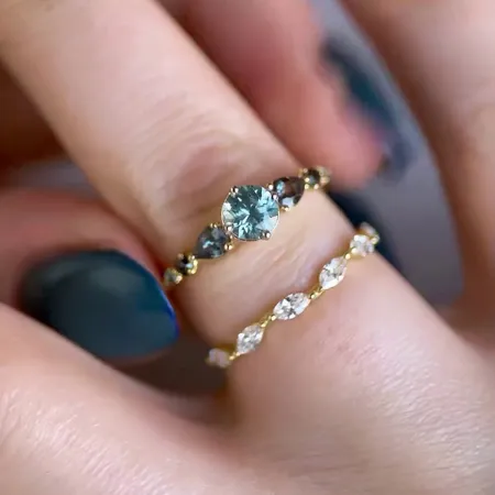 Set de mariage en argent jaune et or pour aigue-marine bleue à taille ronde