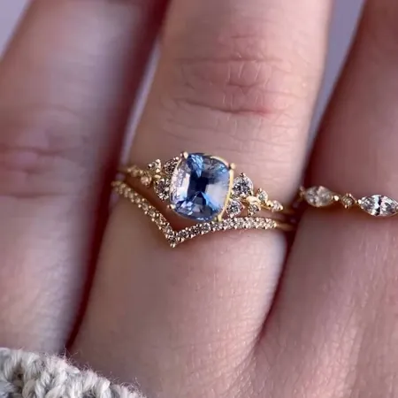Set de mariage en argent jaune et or pour aigue-marine bleue à taille coussin