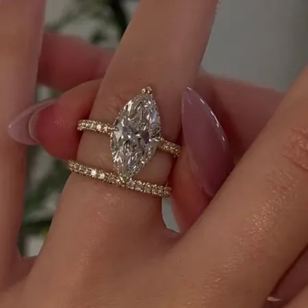 Alliance de mariage en argent sterling 925 or jaune et diamant taille marquise