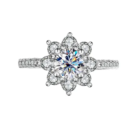 Bague de fiançailles en argent sterling 925 avec halo et diamant de moissanite de taille ronde