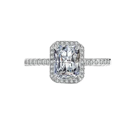 Radiant cut moissanite diamond white sterling silver halo engagement ring