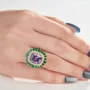 Bague de fiançailles double halo en argent sterling et or jaune avec améthyste taille coussin