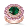 Bague de fiançailles double halo en argent sterling, or rose et vert émeraude taille octogonal avec double halo