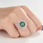 Bague de fiançailles double halo en argent sterling, or rose et vert émeraude taille octogonal avec double halo
