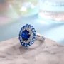 Bague de fiançailles double halo en argent sterling avec saphir bleu taille octogonale