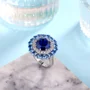 Bague de fiançailles double halo en argent sterling avec saphir bleu taille octogonale