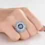 Bague de fiançailles double halo en argent sterling avec saphir bleu taille octogonale