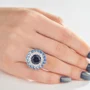 Bague de fiançailles double halo en argent sterling avec saphir bleu taille octogonale