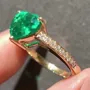 Bague de fiançailles en argent sterling 925, or jaune, vert émeraude taille cœur