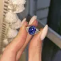 Bague de fiançailles en argent 925 à 3 pierres saphir bleu ovale